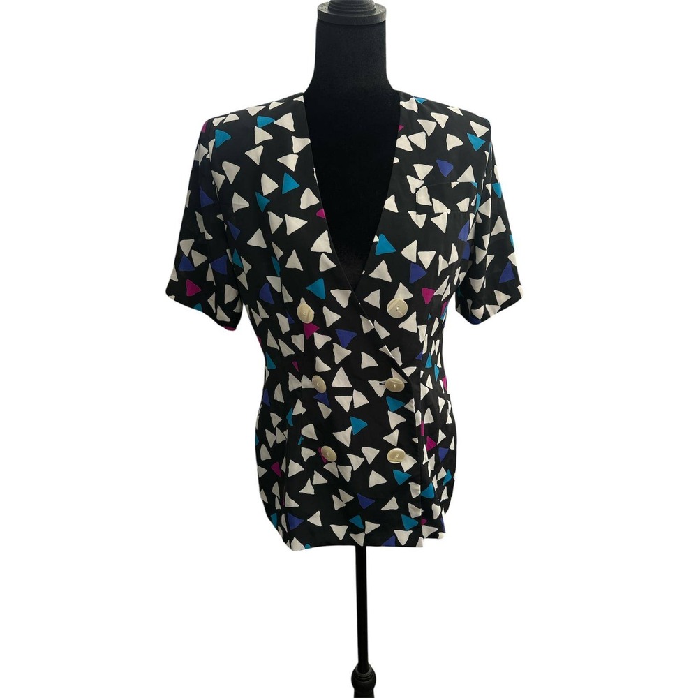 Leslie Fay Petite Vintage Double Breasted Blazer Geometric Triangle Print Size 4